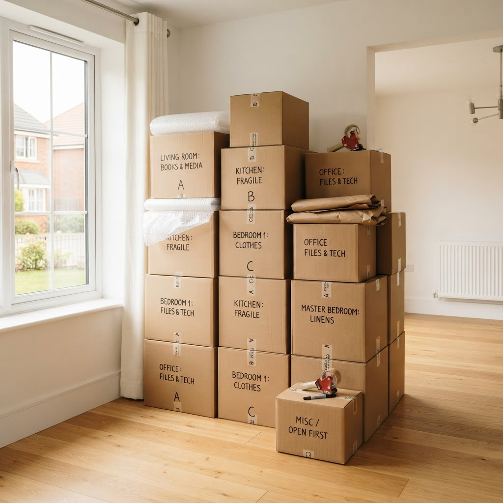 Professionally packed moving boxes ready for transport